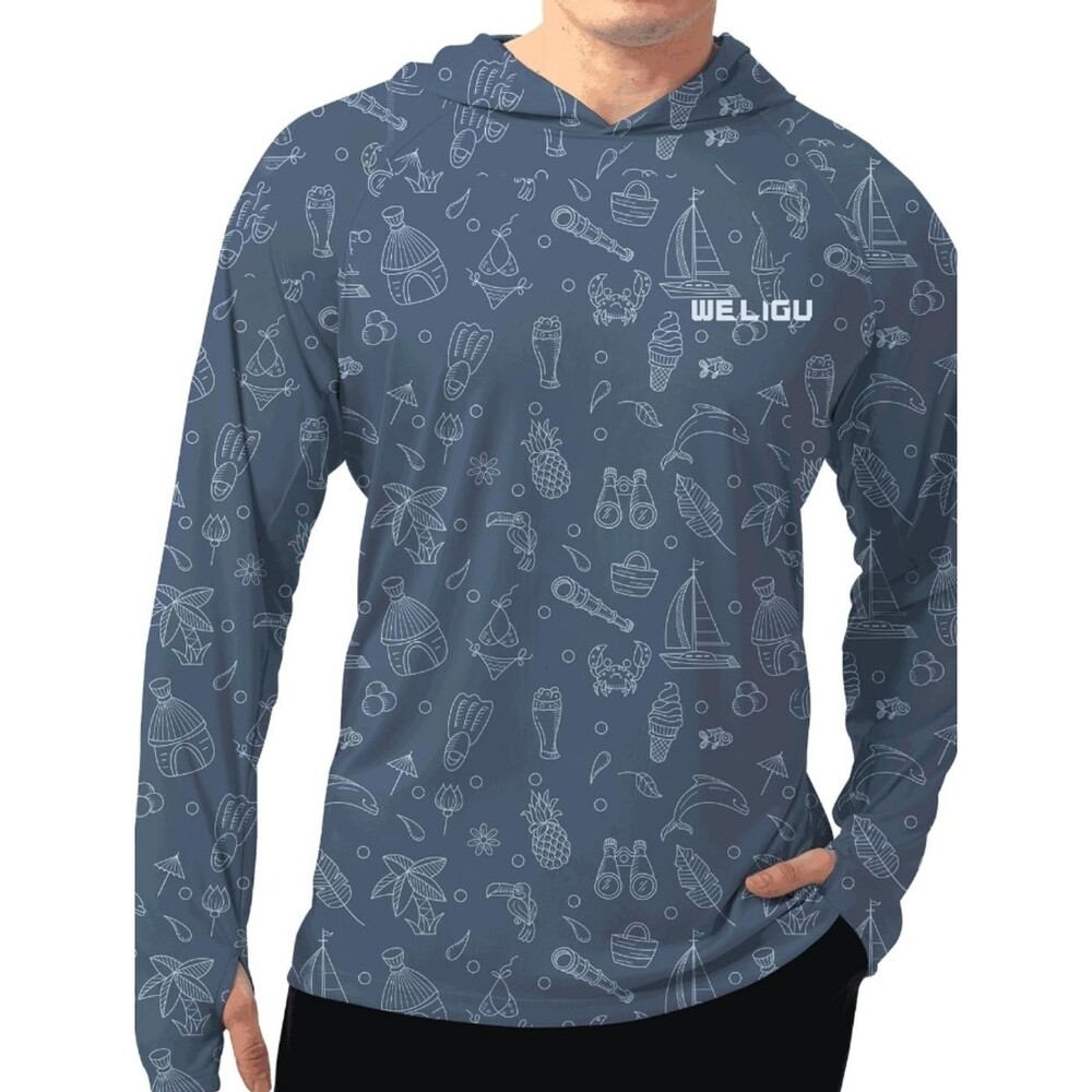 WELIGU Grey Fun Nautical Print UPF 50+ Sun Protection Hoodie Shirt Size 4X NWT